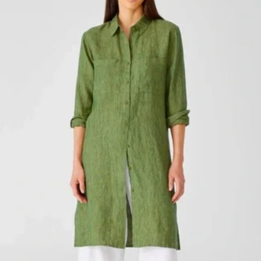 Eileen Fisher 100% Organic Linen Tunic Oversized Midi Dress XXS Green Lagenlook